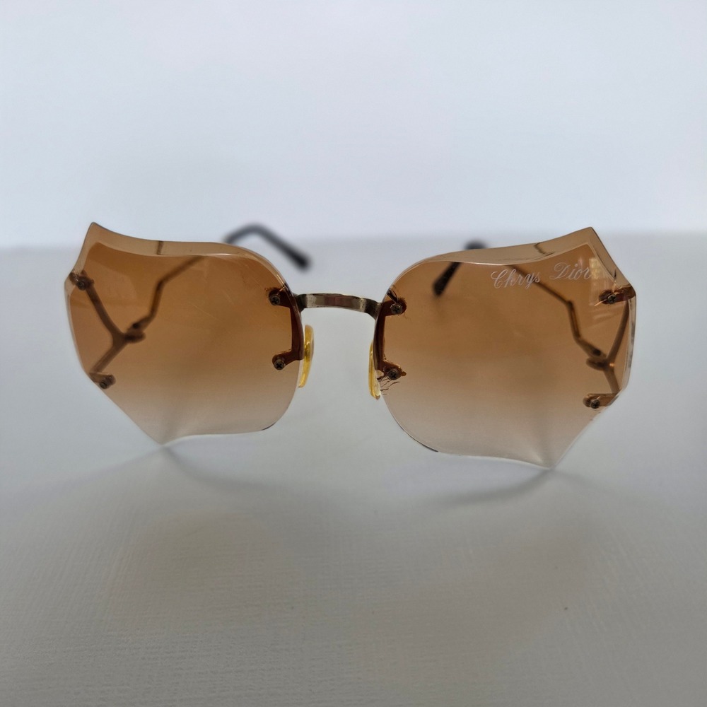 Vintage Chrys Dior Sunglasses Brown Gold Rimless Diamond Cut Geometric Funky